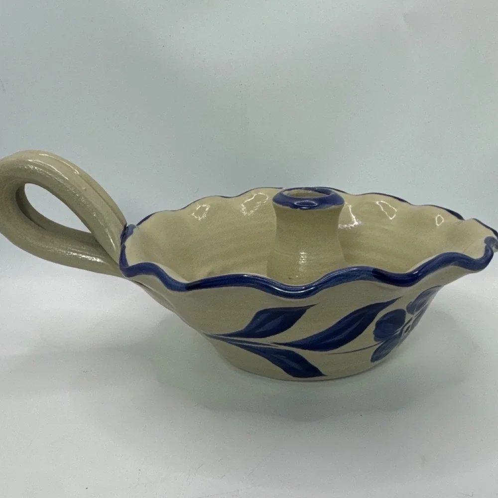 Williamsburg Pottery Salt Glaze Stoneware Chamberstick Candle Holder Blue Floral